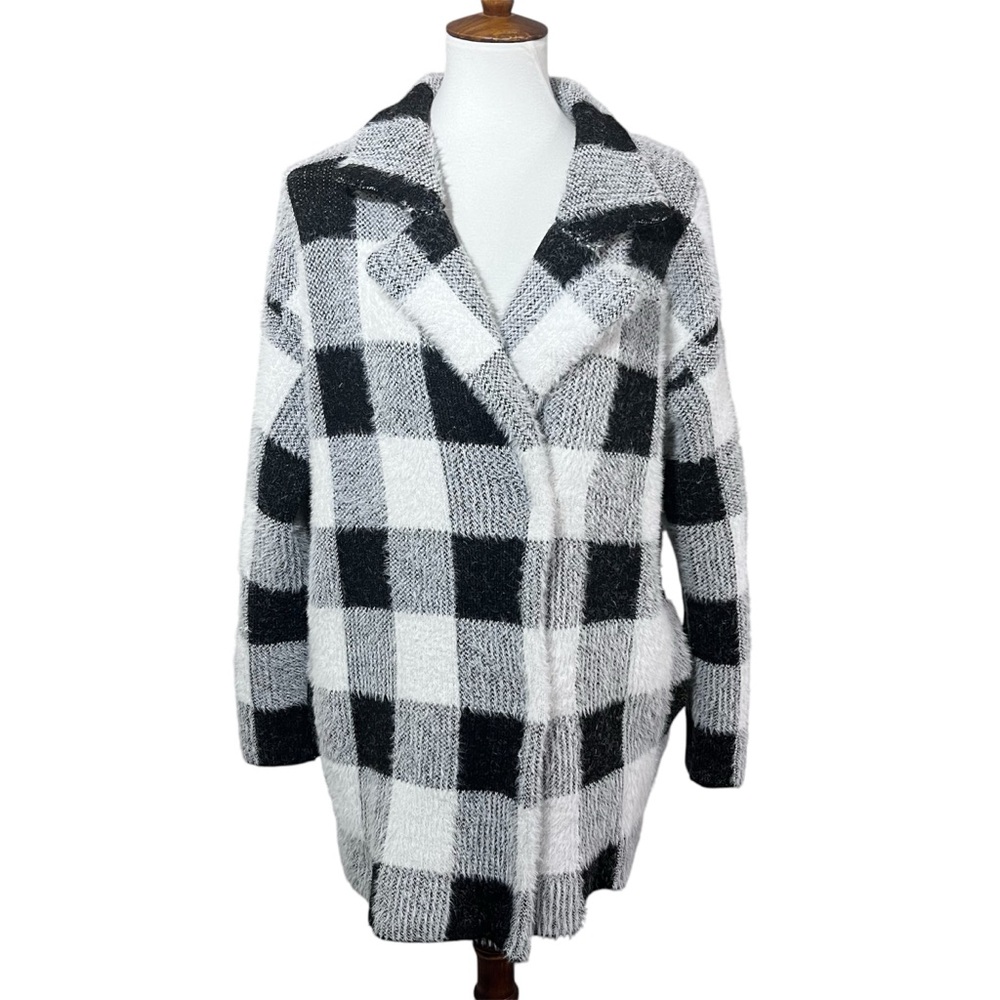 Primark Buffalo Plaid Jacket XS Black White Peacoat Style Sweater Coat Fleece